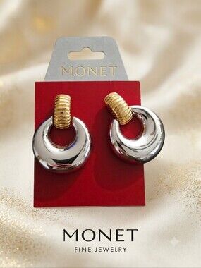 Monet Vintage Runway Decor Gold and Silver Two-Tone Hoop Drop Earrings